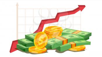Pile Of Cash Vector. Red Rising Graph Concept. Business Growth. Investment Banking Financial Success. Isolated Illustration