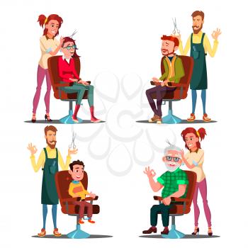 Hairdresser With Client Set Vector. Boy, Teen, Woman, Old Man. Professional Fashion Stilist. Service. Isolated Cartoon Illustration