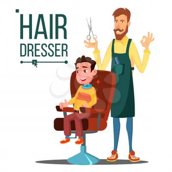 Hairdresser And Child, Teen Vector. Doing Client Haircut. Barber. Isolated Cartoon Illustration
