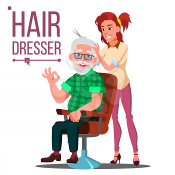 Hairdresser And Old Man Vector. Client Sitting On The Chair. Modeling. Isolated Cartoon Illustration