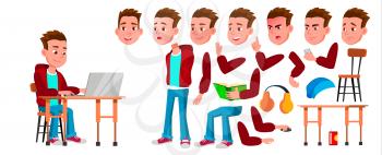 Boy Schoolboy Kid Vector. High School Child. Animation Creation Set. Face Emotions, Gestures. Child Pupil. Subject, Clever, Studying. For Banner, Flyer Web Design Animated Illustration