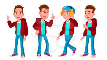 Boy Schoolboy Kid Poses Set Vector. High School Child. Secondary Education. Educational, Auditorium, Lecture. For Card, Advertisement, Greeting Design. Isolated Cartoon Illustration