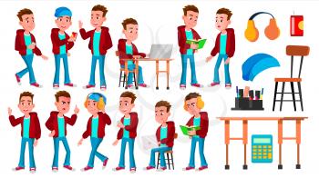 Boy Schoolboy Kid Poses Set Vector. High School Child. Teaching, Educate, Schoolkid. For Presentation, Print, Invitation Design. Isolated Cartoon Illustration