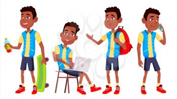 Boy Schoolboy Kid Poses Set Vector. High School Child. Teenage. Black. Afro American. Book, Workspace, Board. For Web, Brochure Poster Design Isolated Cartoon Illustration