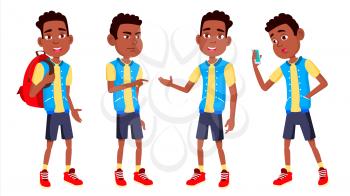 Boy Schoolboy Kid Poses Set Vector. High School Child. Schoolchild. Black. Afro American. September, Schoolchildren, Teen. For Web, Poster Booklet Design Isolated Cartoon Illustration