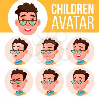 Boy Avatar Set Kid Vector. High School. Face Emotions. Facial, People. Active, Joy Head Illustration