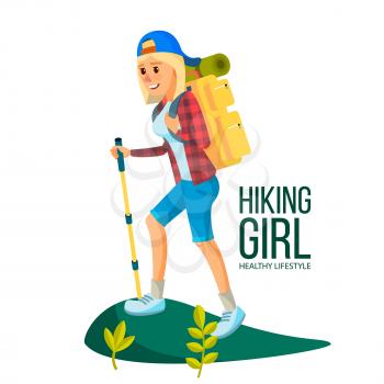 Hiking Girl Vector. Leading Healthy Lifestyle. Downshifting. Flat Cartoon Illustration