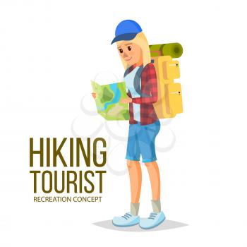 Hiking Woman Vector. Hiking In Mountains. Adventures In Nature, Vacation. Isolated Flat Cartoon Character Illustration