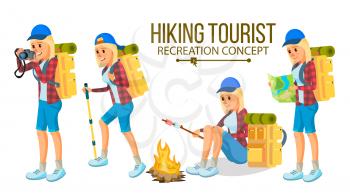 Hiking Girl Vector. Sports, Outdoor Recreation Concept. Hiking Tourist. Cartoon Character Illustration