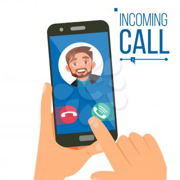 Incoming Call Vector. Man Face On Mobile Smartphone Screen. Calling Service Application. Video, Voice Conversation. Business Communication. IP Telephony. Isolated Cartoon Illustration