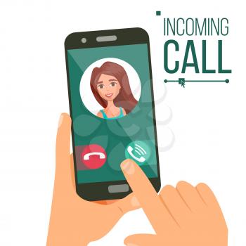 Incoming Call Vector. Woman Face On Mobile Smartphone Screen. Calling Application Interface. Digital Conversation. Friends Communication. Wireless Talking. Isolated Cartoon Illustration