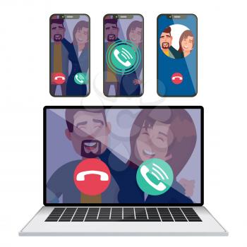 IP Telephony Vector. Laptop Display Screen Mobile Smartphone. Receiving Incoming Call. Calling Service Application. Digital Video Conversation. Friends Communication. Illustration