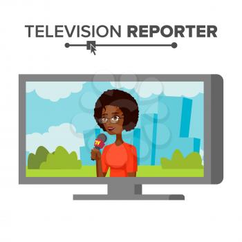 TV Correspondent Vector. Journalist Woman. TV Reporter Presenting News. Outside Broadcasting Cartoon Character Illustration