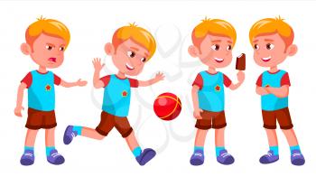 Boy Kindergarten Kid Poses Set Vector. Character Playing. Childish. Casual Clothe. For Presentation, Print, Invitation Design. Isolated Cartoon Illustration