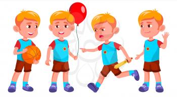 Boy Kindergarten Kid Poses Set Vector. Kiddy, Child Expression. Junior. For Postcard, Cover, Placard Design. Isolated Cartoon Illustration