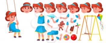 Girl Kindergarten Kid Vector. Animation Creation Set. Face Emotions, Gestures. Emotional Character Playing. Playground. For Banner, Flyer, Web Design. Animated Cartoon Illustration