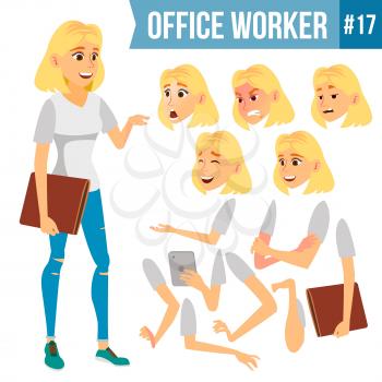 Office Worker Vector. Woman. Happy Clerk, Servant, Employee. Business Human. Face Emotions, Various Gestures. Animation Creation Set Isolated Character Illustration