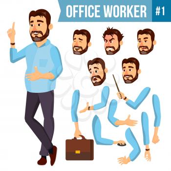 Office Worker Vector. Face Emotions, Various Gestures. Animation Creation Set. Adult Entrepreneur Business Man. Happy Clerk, Servant, Employee. Isolated Flat Illustration
