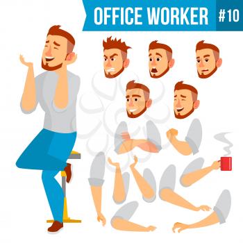 Office Worker Vector. Face Emotions, Various Gestures. Animation Creation Set. Corporate Businessman Male. Successful Officer, Clerk, Servant. Isolated Cartoon Illustration