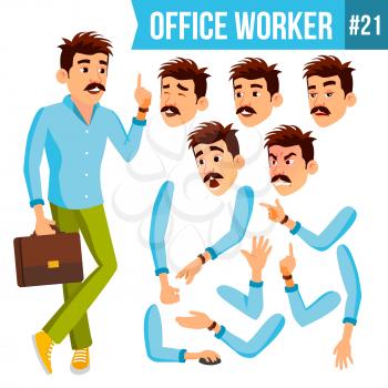Office Worker Vector. Face Emotions, Gestures. Animation Set. Business Man. Professional Cabinet Workman, Officer, Clerk. Isolated Cartoon Character Illustration