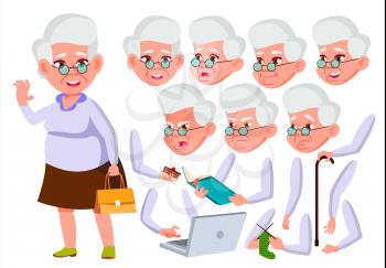 Old Woman Vector. Senior Person. Aged, Elderly People. Positive Person. Face Emotions, Various Gestures. Animation Creation Set. Isolated Flat Cartoon Character Illustration