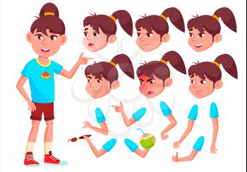 Girl, Child, Kid, Teen Vector. Casual Clothes. Positive. Face Emotions, Various Gestures. Animation Creation Set Isolated Flat Cartoon Character Illustration