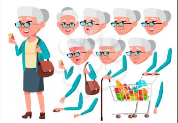 Old Woman Vector. Senior Person. Aged, Elderly People. Face Emotions, Various Gestures. Animation Creation Set. Isolated Flat Cartoon Character Illustration