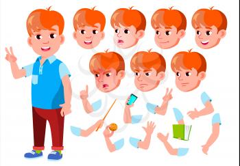 Boy, Child, Kid, Teen Vector. Beautiful. Youth, Caucasian. Face Emotions, Various Gestures Animation Creation Set Isolated Flat Cartoon Character Illustration