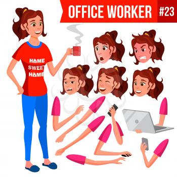 Office Worker Vector. Woman. Professional Officer, Clerk. Businessman Female. Lady Face Emotions. Animation Set. Isolated Flat Character Illustration