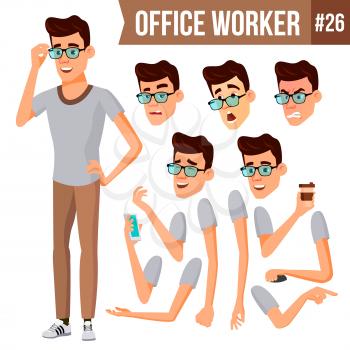Office Worker Vector. Face Emotions, Various Gestures. Business Human. Smiling Manager, Servant, Workman, Officer Flat Character Illustration