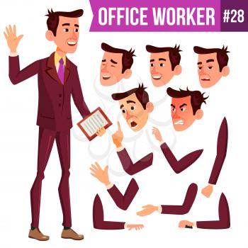 Office Worker Vector. Face Emotions, Various Gestures. Animation Creation Set. Adult Entrepreneur Business Man. Isolated Flat Illustration