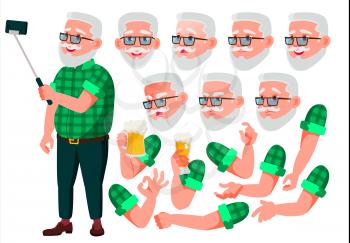 Old Man Vector. Senior Person. Aged, Elderly People. Caucasian, Positive. Face Emotions, Various Gestures. Animation Creation Set. Isolated Flat Cartoon Character Illustration