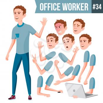 Office Worker Vector. Face Emotions, Various Gestures. Animation. Businessman Human. Modern Cabinet Employee, Workman, Laborer. Isolated Flat Cartoon Character Illustration