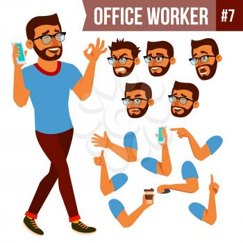 Office Worker Vector. Face Emotions, Various Gestures. Animation Creation Set. Business Person. Career. Modern Employee, Workman, Laborer. Isolated Flat Cartoon Character Illustration