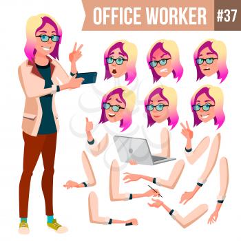 Office Worker Vector. Woman. Professional Officer, Clerk. Adult Business Female. Lady Face Emotions, Various Gestures. Animation Creation Set. Isolated Cartoon Illustration