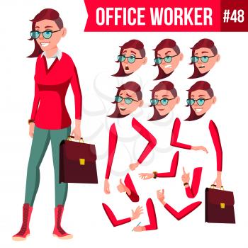 Office Worker Vector.Woman. Successful Officer, Clerk, Servant. Adult Business Woman. Face Emotions, Various Gestures. Animation Creation Set. Isolated Flat Cartoon Illustration