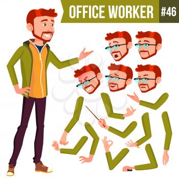 Office Worker Vector. Face Emotions, Various Gestures. Animation Creation Set. Adult Business Male. Successful Corporate Officer, Clerk, Servant. Isolated Flat Character Illustration