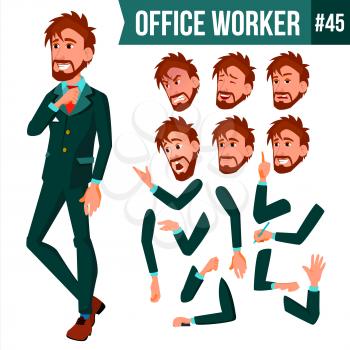 Office Worker Vector. Face Emotions, Various Gestures. Animation Creation Set. Business Man. Professional Cabinet Workman, Officer, Clerk. Isolated Cartoon Character Illustration