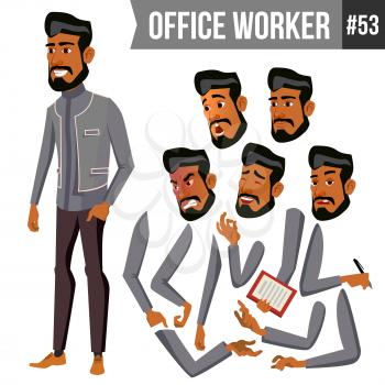 Arab Office Worker Vector. Arab, Muslim. Face Emotions, Various Gestures. Animation Creation Set. Businessman Human. Modern Cabinet Employee, Workman, Laborer Illustration