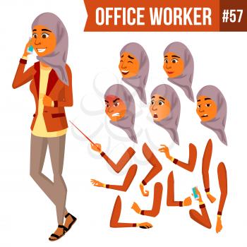 Arab Office Worker Vector. Woman. Traditional Clothes. Islamic. Hijab. Professional Officer, Clerk. Adult Business Female. Lady Face Emotions, Various Gestures Animation Set Illustration