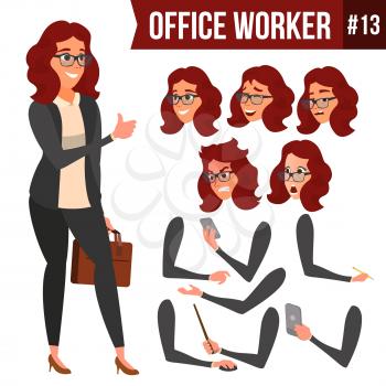 Office Worker Vector.Woman. Successful Officer, Clerk, Servant. Adult Business Woman. Face Emotions, Various Gestures. Animation Creation Set. Isolated Flat Cartoon Illustration