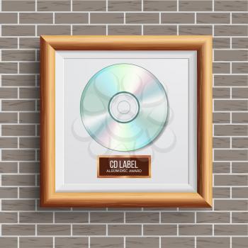 CD Disc Award Vector. Best Seller. Modern Ceremony. Realistic Frame, Album Disc, Brick Wall. Illustration