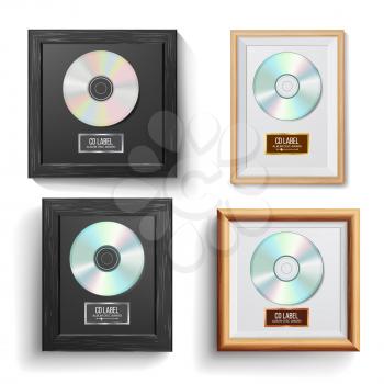 CD Disc Award Set Vector. Modern Ceremony. Best Seller. Musical Trophy. Frame, Album Disc, Brick Wall. Illustration