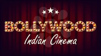 Bollywood Indian Cinema Banner Vector. Vintage Cinema 3D Glowing Element. For Cinematography Advertising Design. Illustration