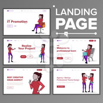 Modern Landing Page Concept Vector. Line Woman. Store. Shop Online. Creative Idea. Business Coworking. Office Investment Webpage. Main Website Page Design. Template Illustration