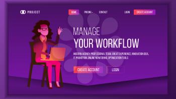 Workflow Business Landing Page Vector. Brainstorming Business Coworking. Workflow Management. Woman. Illustration