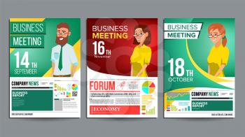 Business Meeting Poster Set Vector. Businessman And Business Woman. Invitation And Date. Conference Template. A4 Size. Cover Annual Report. Green, Red, Yellow. Chart And Graph Statistics. Illustration