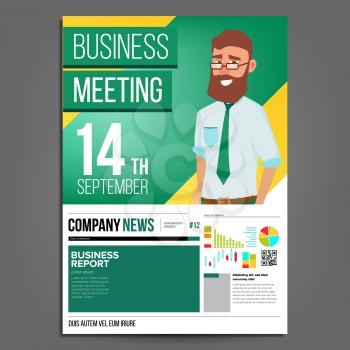 Business Meeting Poster Vector. Businessman. Layout Template. Presentation Concept. Green, Yellow Corporate Banner. A4 Size. Analyzing Sales Statistics. Financial Results Presentation