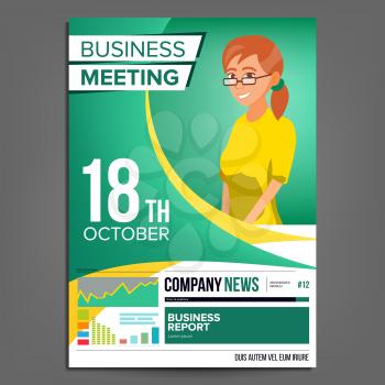 Business Meeting Poster Vector. Business Woman. Invitation And Date. Conference Template. A4 Size. Green, Yellow Cover Annual Report. Teamwork Cooperation. Illustration