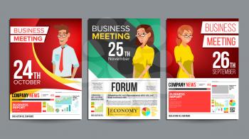 Business Meeting Poster Set Vector. Businessman And Business Woman. Layout. Presentation Concept. Corporate Banner Template. Seminar Speaker. A4 Size. Green, Red, Yellow. Illustration
